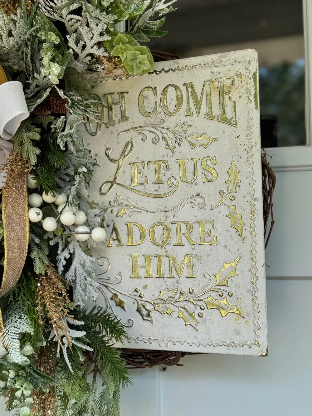 White & Gold Winter/Christmas “Adore Him” Wreath